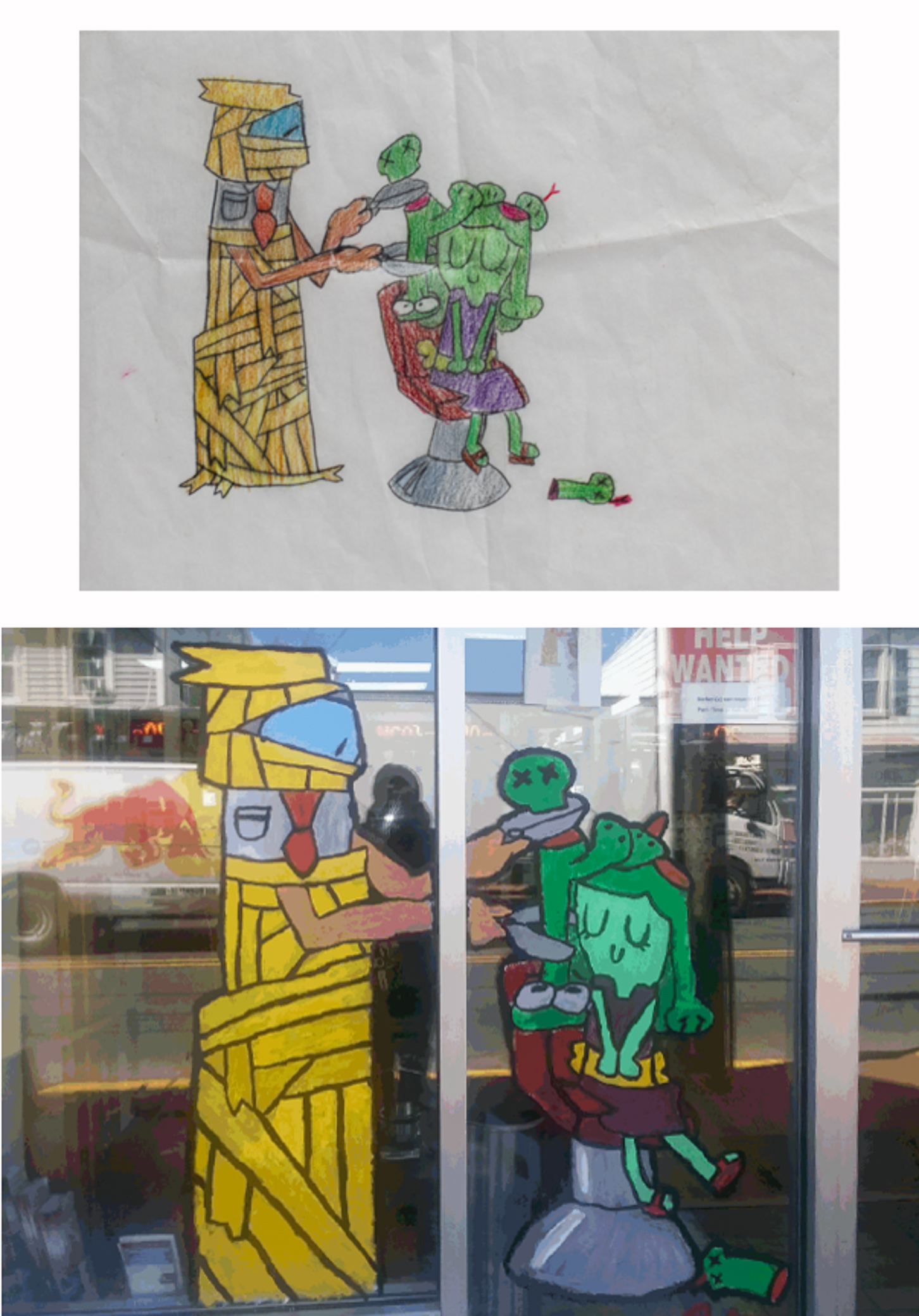 Melissa gets her snakes done window painting (top: concept sketch, bottom: completed painting)