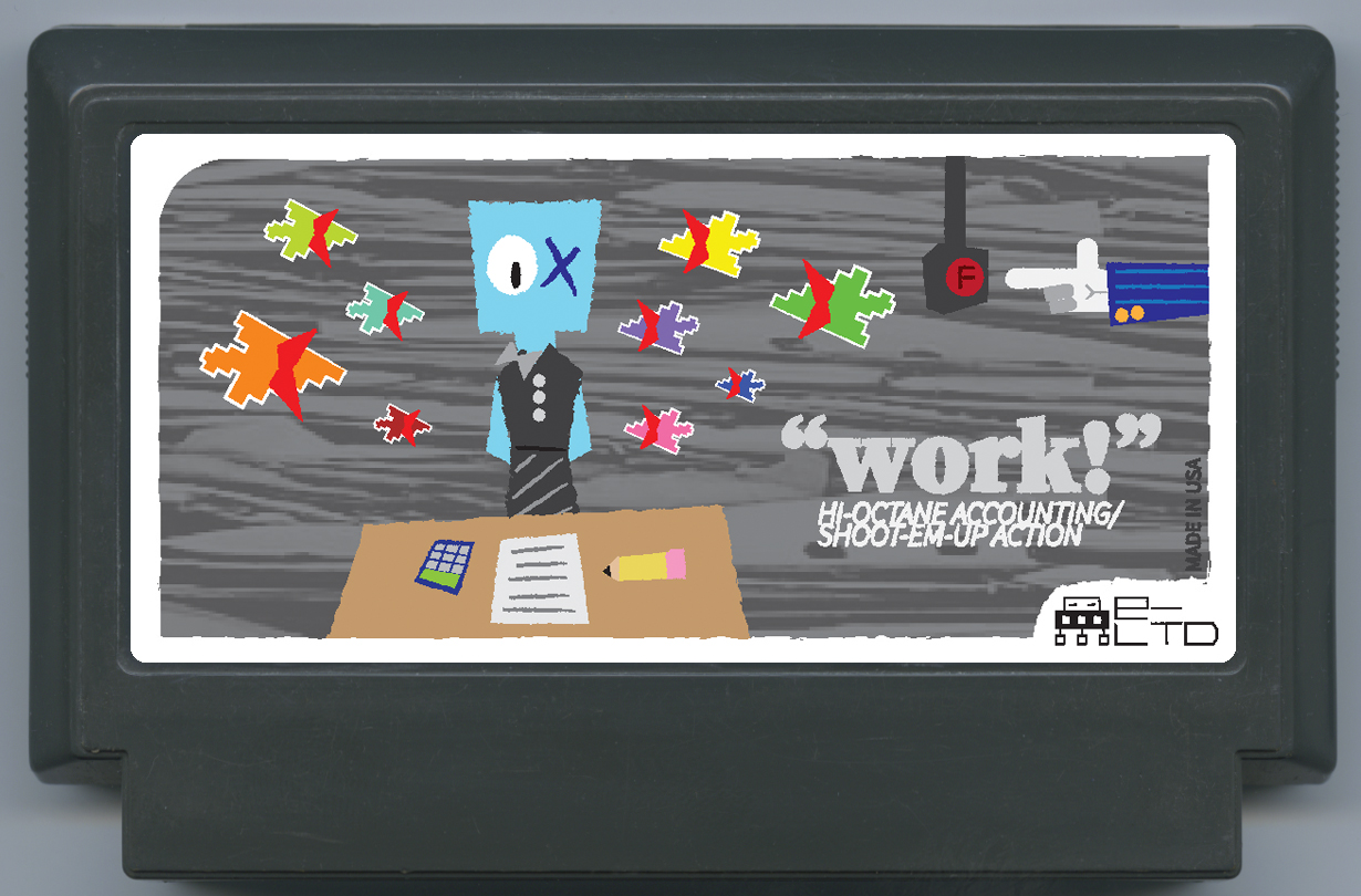 My Famicase Exhibition 2020 entry: work! (hi-octane accounting/shoot-em-up action)