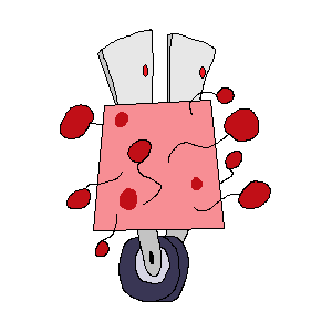 Rollie the robot, drawn by encounters-ltd. Rollie is cartoony, with 1 wheel and 2 large square eyes. It is pink with red germs floating around it.